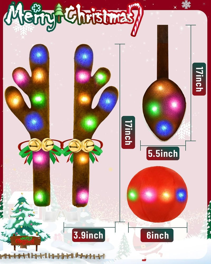 Dergo Christmas Reindeer Antlers Car Decoration Kit, LED Lights Nose Vehicle with Jingle Bells Rudolph, Auto Holiday Accessories for SUV Van Truck Decor Multicolor - Image 5